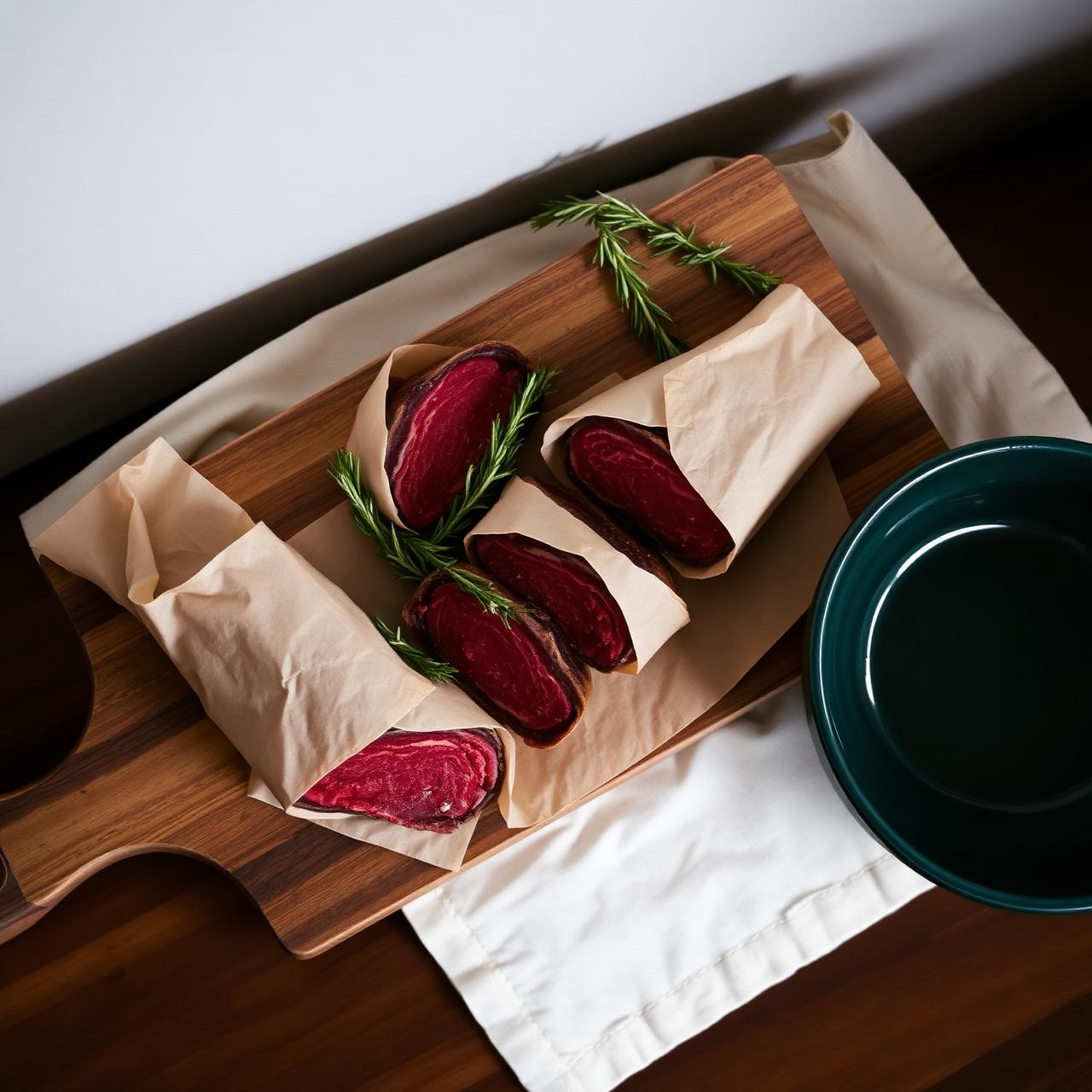 Butcher-paper wrapped cuts of pasture-raised beef on a walnut board