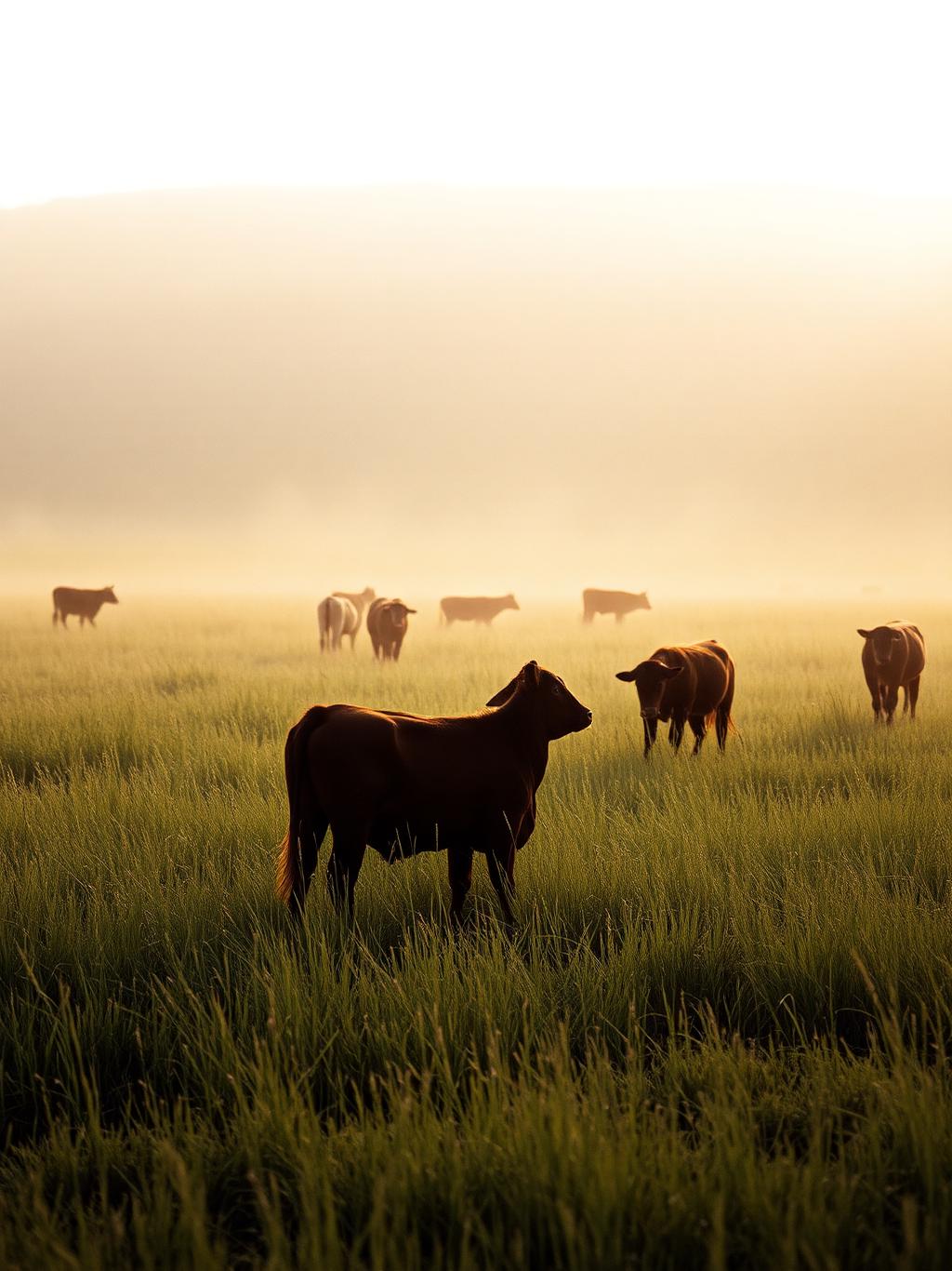 Cattle grazing at dawn in tall Texas prairie grass